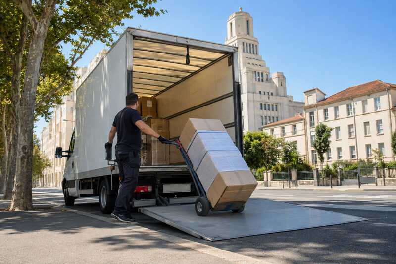 Chariot chargé guidé sur le hayon élévateur abaissé d’un camion