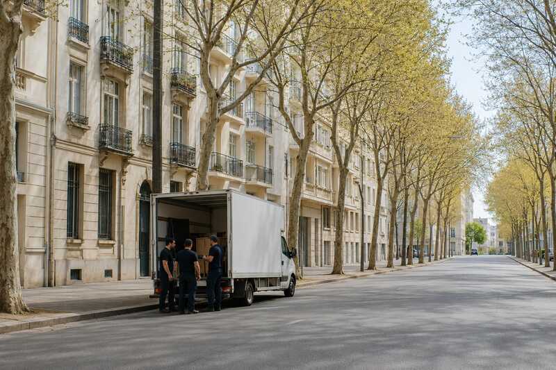 Trois déménageurs se concertent à l’arrière de leur camion