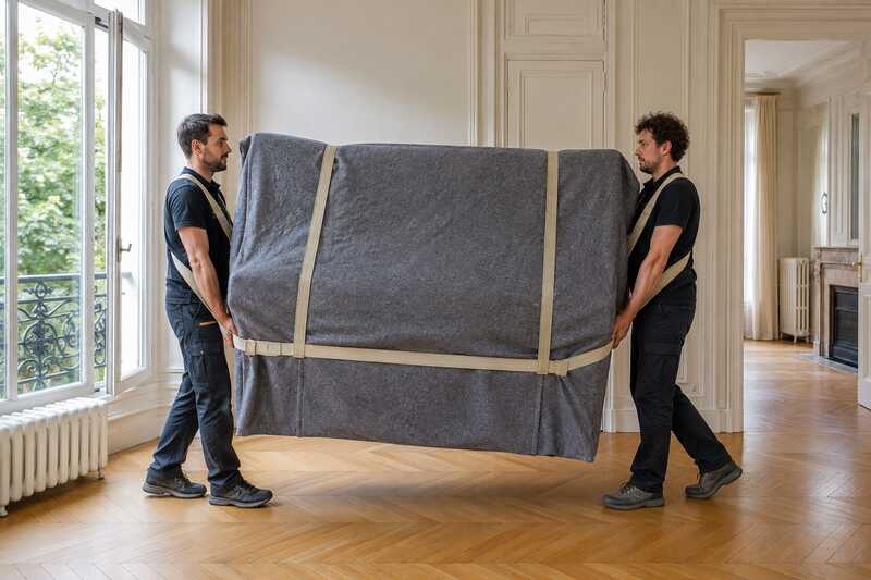Piano droit sous couverture déplacé avec des sangles de portage dorsales